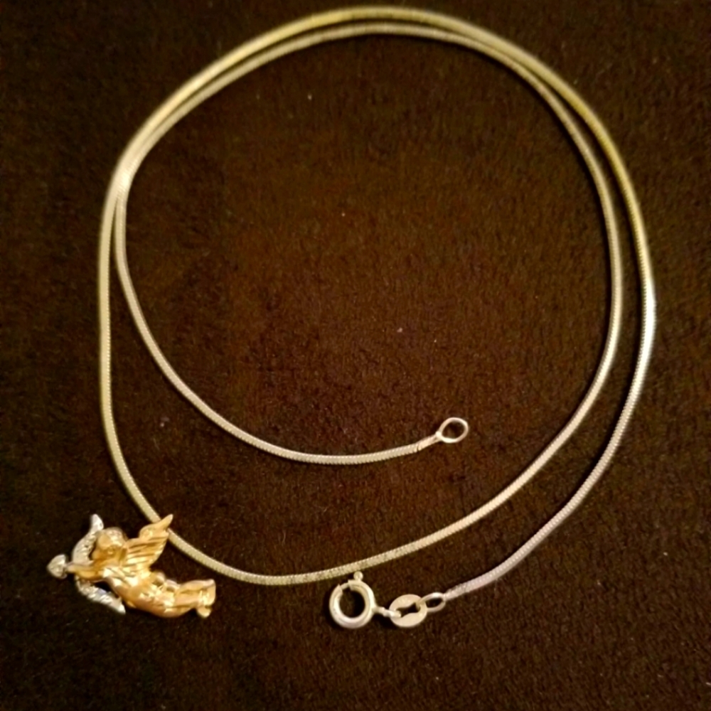 10kt Gold Diamond Cupid and Sterling Silver Chain